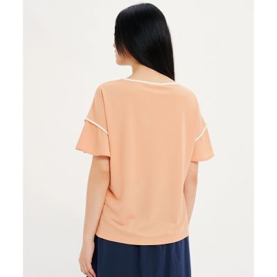 接触冷感　ワンポイントロゴ　ピスネーム　ボートネック　パフスリーブ半袖Ｔシャツ