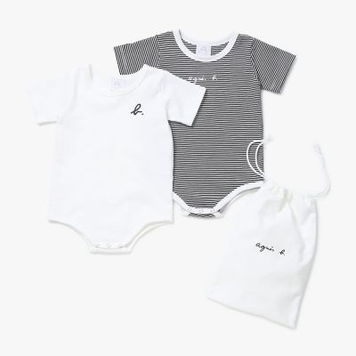ベビー ロゴ ボーダー コットン 半袖 ボディスーツ 2枚組 | agnes b