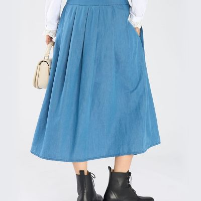 デニム シャンブレー プリーツ ロング フレアスカート ”Grand