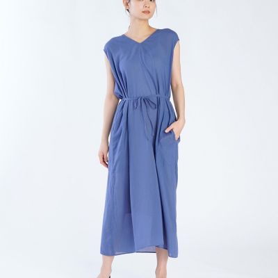 ガーゼ調コットン Vネック ノースリーブ ロングワンピース 