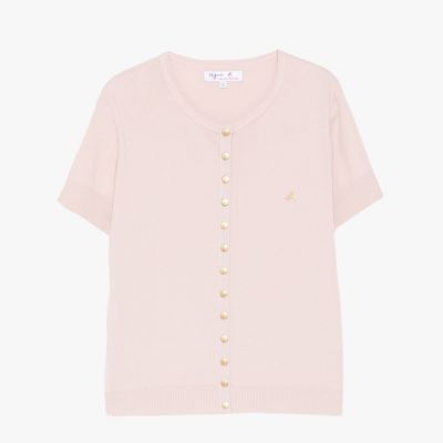 ＜agnes b. (Women)＞”ｂ．”ロゴ刺繍　コットンニット　半袖　カーディガンプレッション　”Ｓｗｉｎｇ”