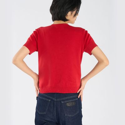 b．”ロゴ刺繍 コットンニット 半袖 カーディガンプレッション