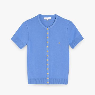 ＜agnes b. (Women)＞”ｂ．”ロゴ刺繍　コットンニット　半袖　カーディガンプレッション　”Ｓｗｉｎｇ”