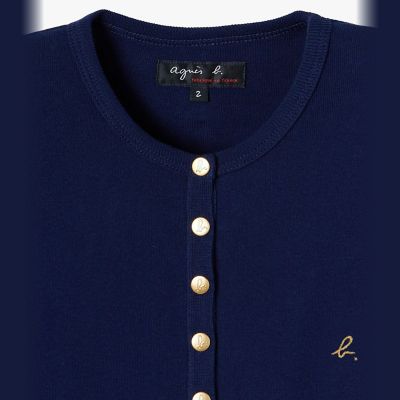 b．”ロゴ刺繍 コットンニット 半袖 カーディガンプレッション