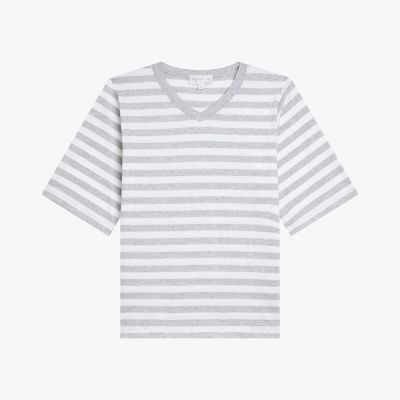 細ボーダー コットン Vネック 半袖 Tシャツ ”Raya” | agnes b