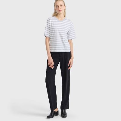 細ボーダー コットン Vネック 半袖 Tシャツ ”Raya” | agnes b
