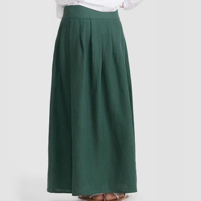 クレッシェンドデュオ 【M】 ロングフレアスカート ストライプ リネン 緑×紺 リネン ロング フレア スカート ”Grand Hotel” | agnes b