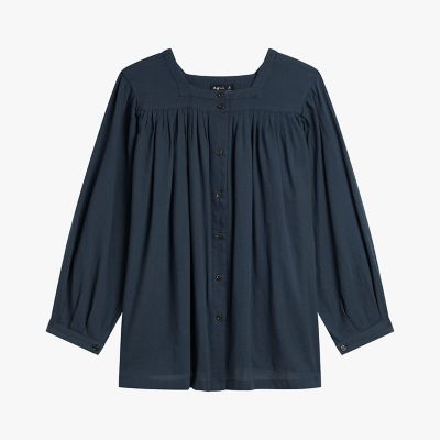 ＜agnes b. (Women)＞ガーゼ調コットン　スクエアネック　長袖　ブラウス　”Ａｎｇｕｓ”