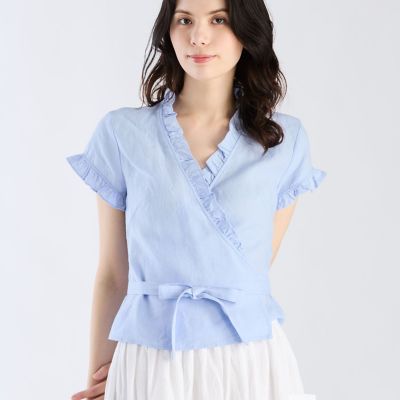 【美品】agnes b. リネン100% フリルブラウス 白 38 麻100% リネン フリル 半袖 カシュクールブラウス | agnes b. (Women