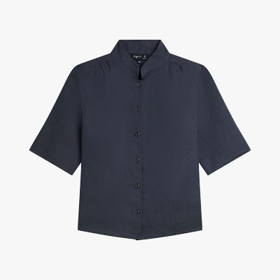 ＜agnes b. (Women)＞リネン　キャンバス　スタンドカラー　半袖　シャツ　”Ｇｉｎｅｔｔｅ”
