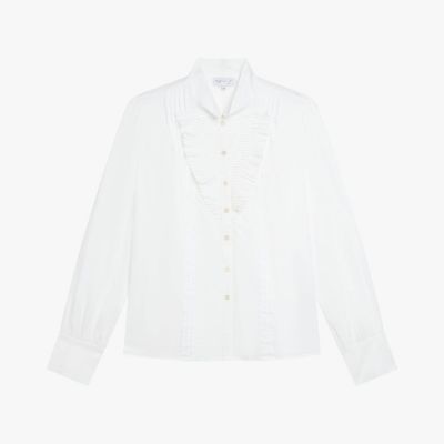 ＜agnes b. (Women)＞プリーツ　フリル　コットン　スタンドカラー　長袖　ブラウス