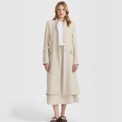 新品タグ付き✨ agnes b. アニエスベー リネン ロングコート サイズ42 リネン スタンドカラー フロックコート ”Redingote” | agnes