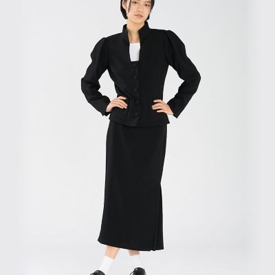ブラック トリアセテート クレープ 7分袖 スタンドカラー ジャケット