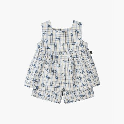 キッズ フラワープリント チェック コットン ノースリーブ ワンピース