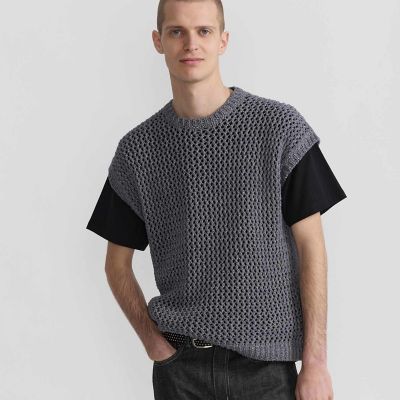 agnes b. アニエスベー コットン ニット ノースリーブ カットソー S メンズ フィッシュネット コットン ノースリーブ ニット プルオーバー