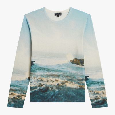 メンズ フォトプリント シルク リネン ニット プルオーバー ”Mer