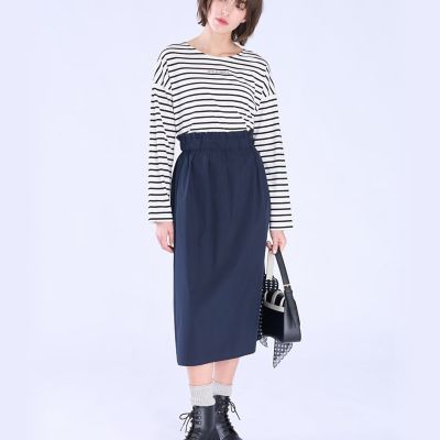 【美品】45R　ジャージフラノのギャザースカート(ボーダー)　ロング　ウエスト紐 ウエスト ギャザー フリル ロング スカート | TO B. BY AGNES B