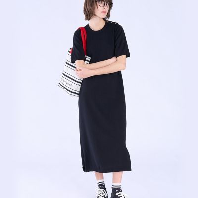 WEBスペシャル ショルダーボタン コットン 半袖 ニット ワンピース