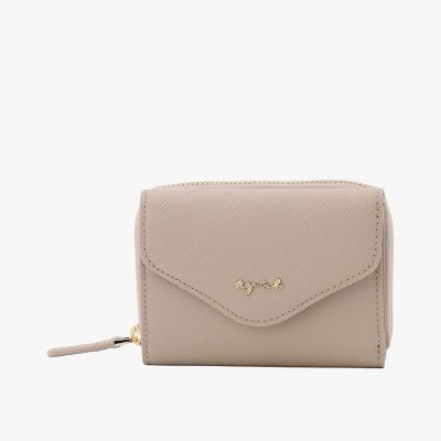 【美品】アニエスベー　ベージュ レザー 三つ折り財布 Qoo10] アニエスベー 財布 レディース 三つ折り 3つ折り コ