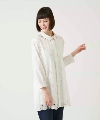 フラワー刺繍コットンロングシャツ　／洗える