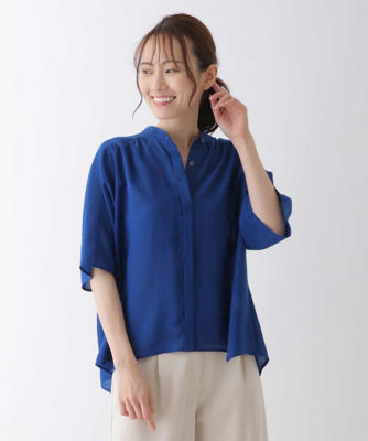 【SALE】イレギュラーヘムバンドカラーシャツ ブルー55 トップス