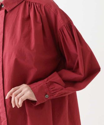 袖ギャザーテールロングシャツブラウス　／洗える