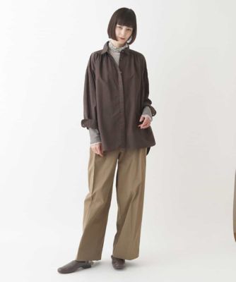 袖ギャザーテールロングシャツブラウス　／洗える