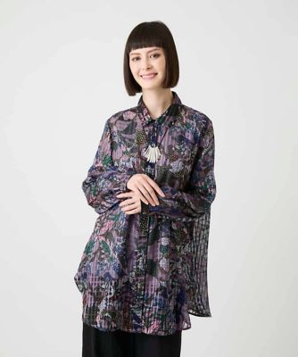 【ヒロコビス】アーティーチェックロングフレアブラウス ウォッシャブル 比翼ボタン シアーチェックボタニカル柄ブラウス ／洗濯機で洗える | HIROKO BIS