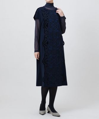 【洗える】ベロア刺繍レースＩライン半袖ワンピース