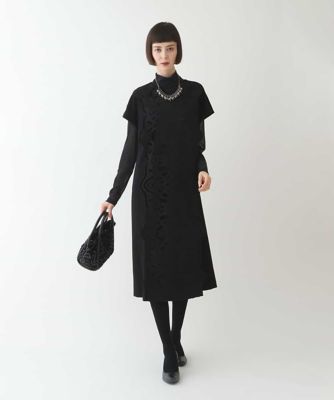 【洗える】ベロア刺繍レースＩライン半袖ワンピース