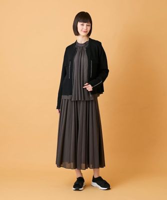 ヒロコビス　大きいサイズ13号XL　ナイロン　黒ロングカーゴスカート　斜めジップ かまぼこプリーツスカート ／洗える | HIROKO BIS (Women)/ヒロコビス