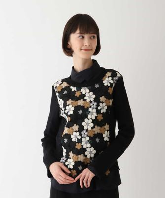 ＜HIROKO BIS (Women)＞【洗える】ニットジョイントフラワーレースカットソー