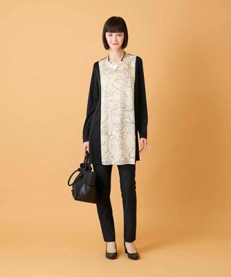 ヒロコビス異素材コンビブラックチュニック ボタニカルモチーフ異素材チュニック ／洗える | HIROKO BIS (Women