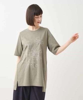 ステッチ刺繍デザインチュニックＴシャツ　／洗える
