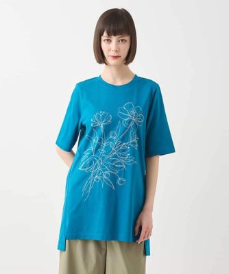 ステッチ刺繍デザインチュニックＴシャツ　／洗える