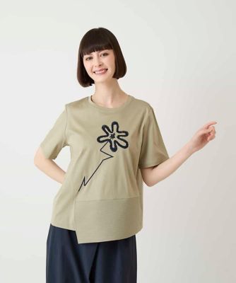 接触冷感】異素材切り替えフラワー刺繍デザインTシャツ ／洗える