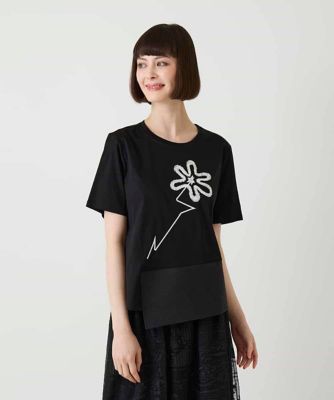 接触冷感】異素材切り替えフラワー刺繍デザインTシャツ ／洗える