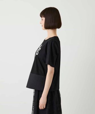 接触冷感】異素材切り替えフラワー刺繍デザインTシャツ ／洗える
