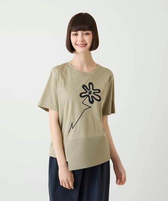 接触冷感】異素材切り替えフラワー刺繍デザインTシャツ ／洗える