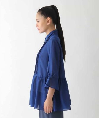 【美品】エレンディーク 洗える アシンメトリー ギャザープレスブラウス ブルー 大きいサイズ】ピンタックギャザー切り替えシアーブラウス