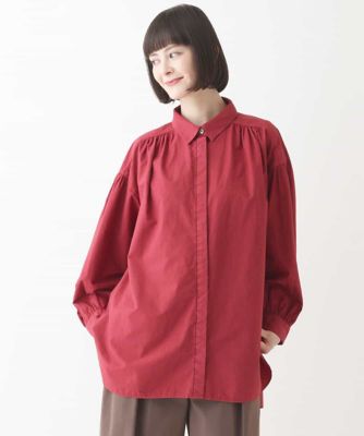 【大きいサイズ】袖ギャザーテールロングシャツブラウス　／洗える