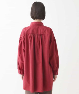 【大きいサイズ】袖ギャザーテールロングシャツブラウス　／洗える