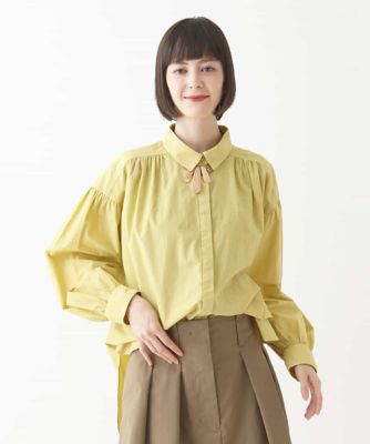 【大きいサイズ】袖ギャザーテールロングシャツブラウス　／洗える