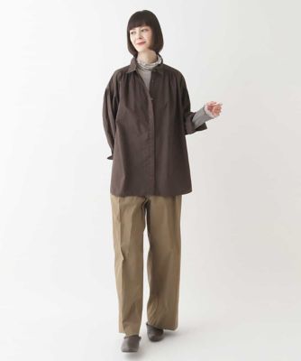 【大きいサイズ】袖ギャザーテールロングシャツブラウス　／洗える