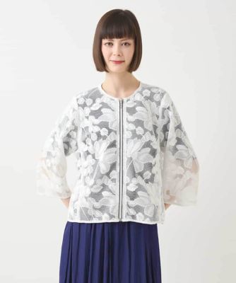 【大きいサイズ】ダブルメッシュフラワー刺繍ジャケット　／洗える