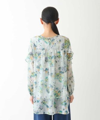 【大きいサイズ】フラワープリントチュニック丈ブラウス