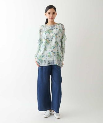 【大きいサイズ】フラワープリントチュニック丈ブラウス