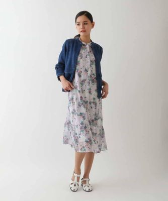 【大きいサイズ／ボウタイ付き】フラワープリントエアリーワンピース