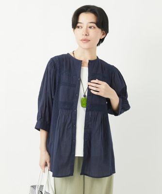 コットンボイルノーカラーデザインブラウス