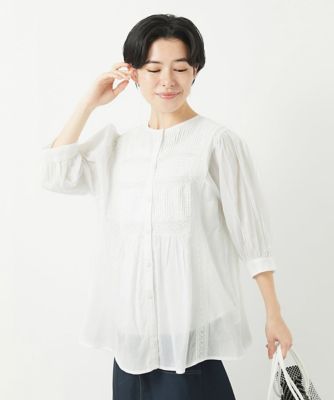 コットンボイルノーカラーデザインブラウス